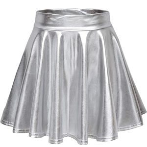 NWT EXCHIC Women's Shiny Metallic Wet Look Stretchy Flared Mini Skirt - Medium